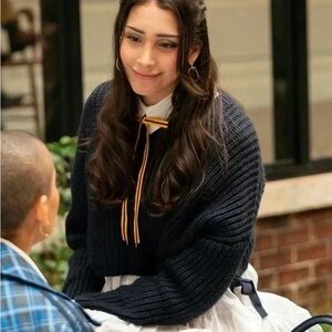 Cinq a Sept Eddie Knit Tie Side Pullover Cropped Sweater Navy Blue XS ASO GG